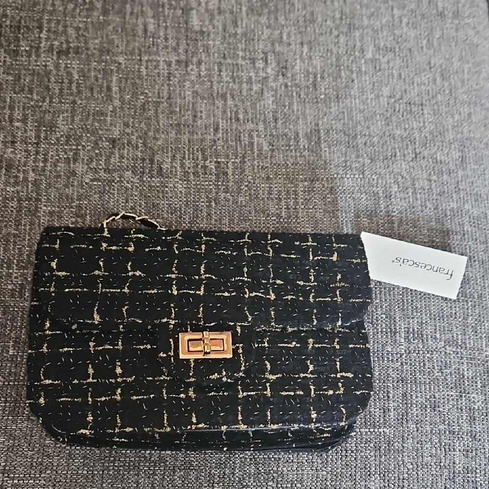 Francesca's Collections Black and Gold Tweed Handbag